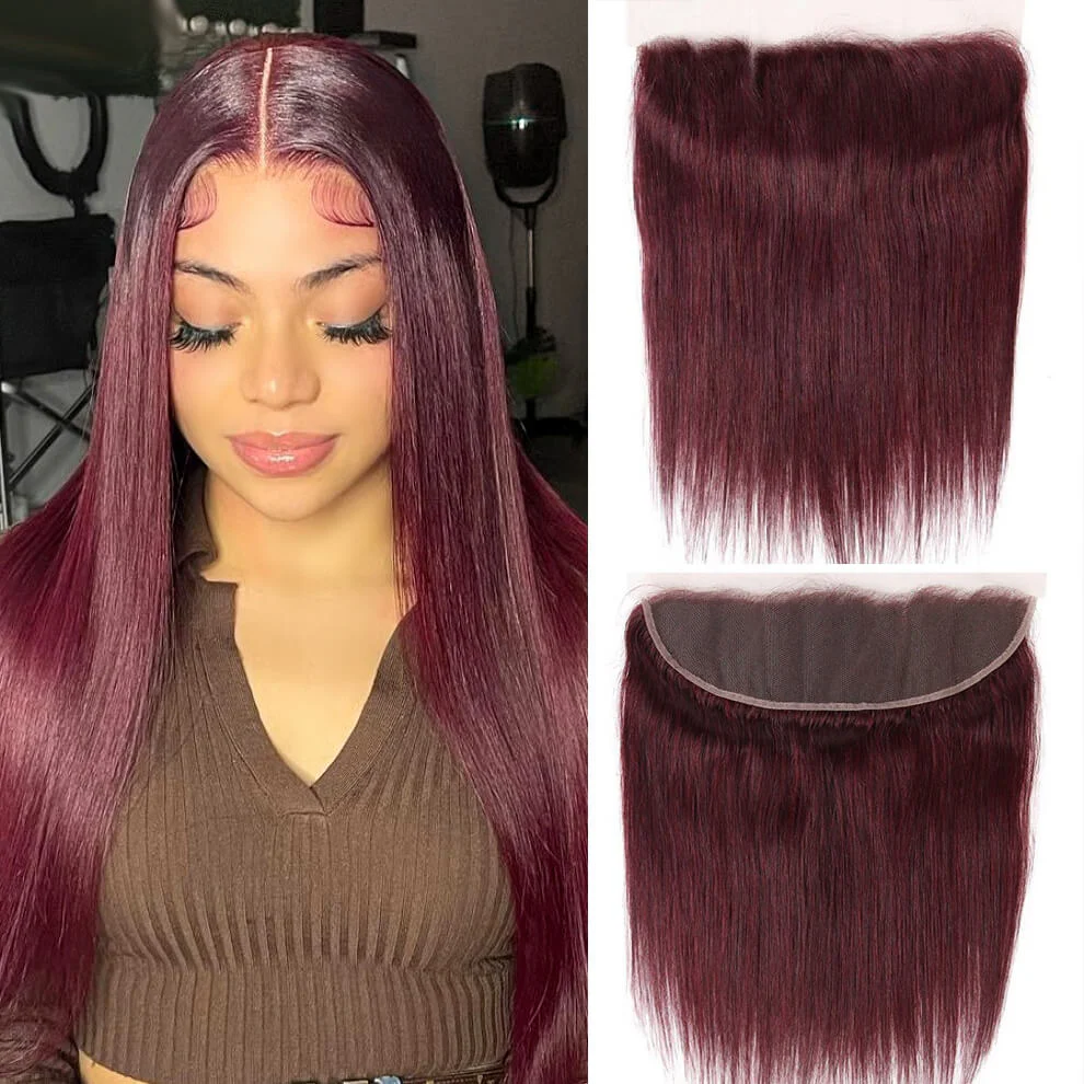 10″ – 20″ #99J Color Straight Human Hair 13*4 Lace Frontal with Pre Plucked Natural Hairline