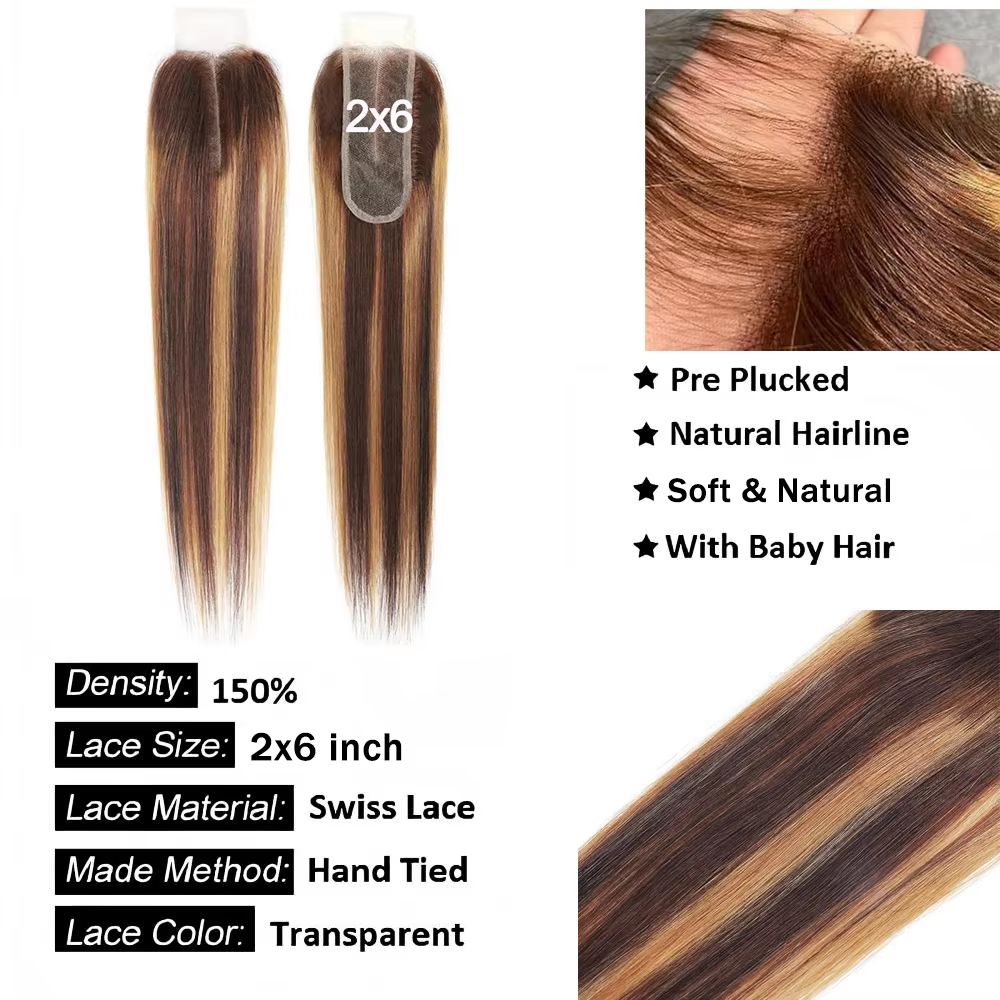 10″ – 20″ Highlight Color Natural Straight Human Hair 2*6 Lace Closure