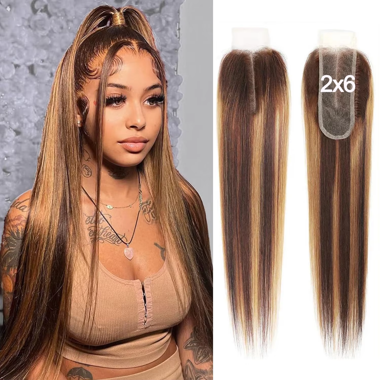 10″ – 20″ Highlight Color Natural Straight Human Hair 2*6 Lace Closure