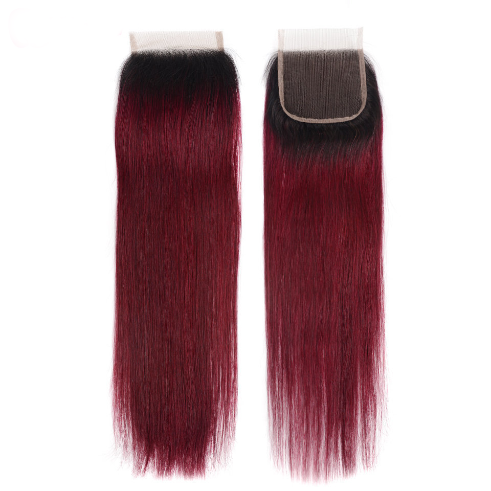10″ – 20″ #1B/99J Color Straight Human Hair 4*4 Lace Closure