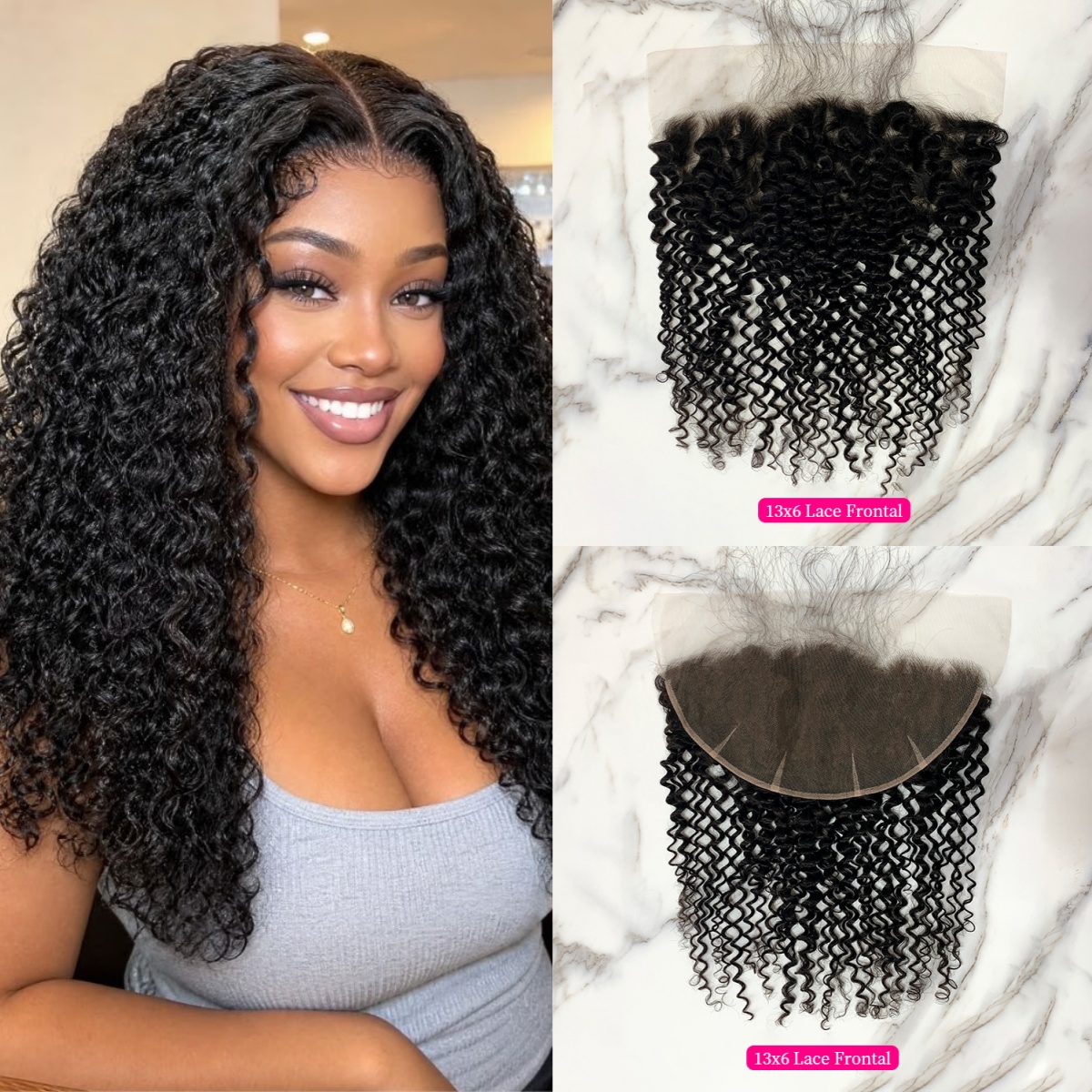 10″ – 20″ Natural Black Color Deep Curly Human Hair 13*6 Lace Frontal with Pre Plucked Natural Hairline