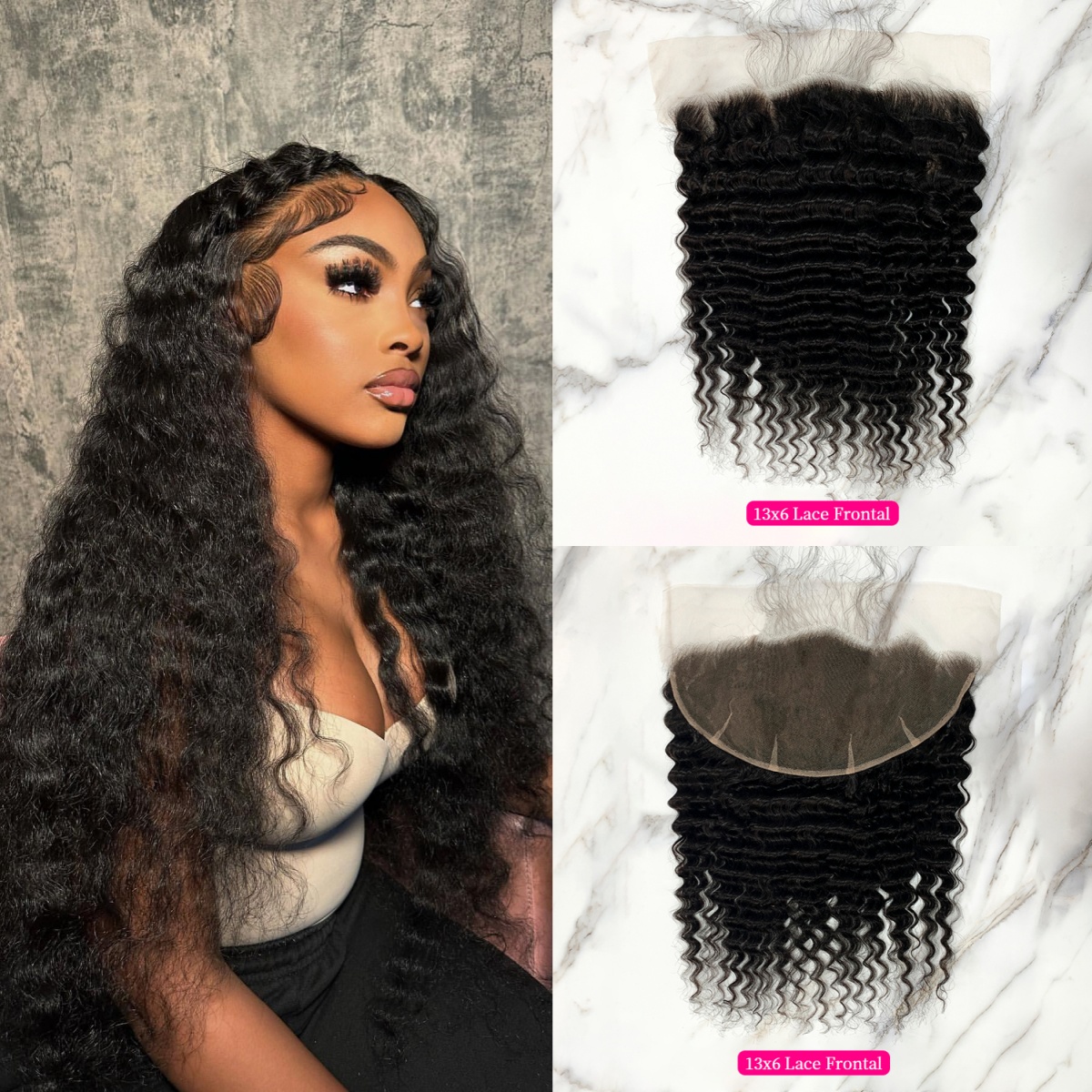 10″ – 20″ Natural Black Color Deep Wave Human Hair 13*6 Lace Frontal with Pre Plucked Natural Hairline