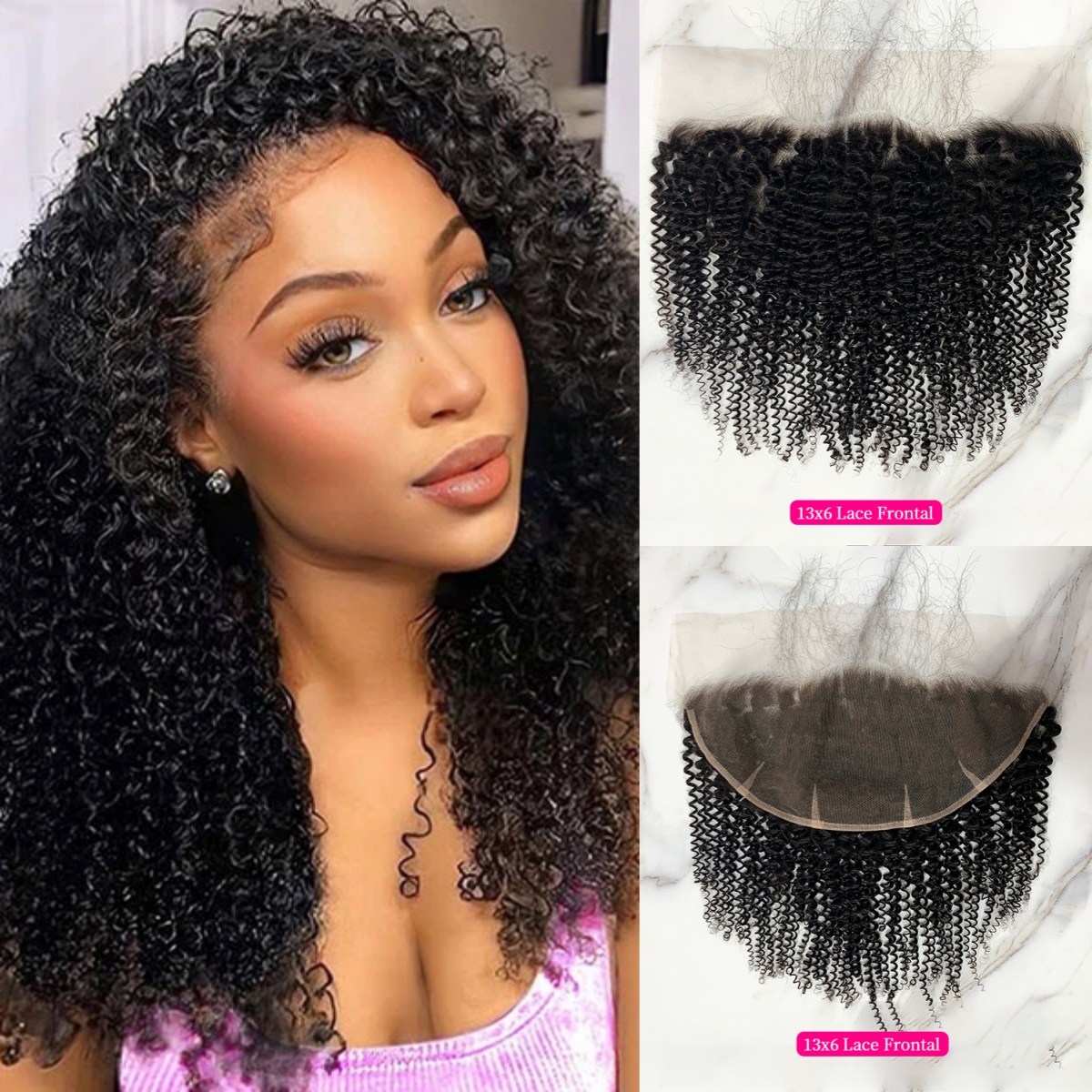 10″ – 20″ Natural Black Color Kinky Curly Human Hair 13*6 Lace Frontal with Pre Plucked Natural Hairline