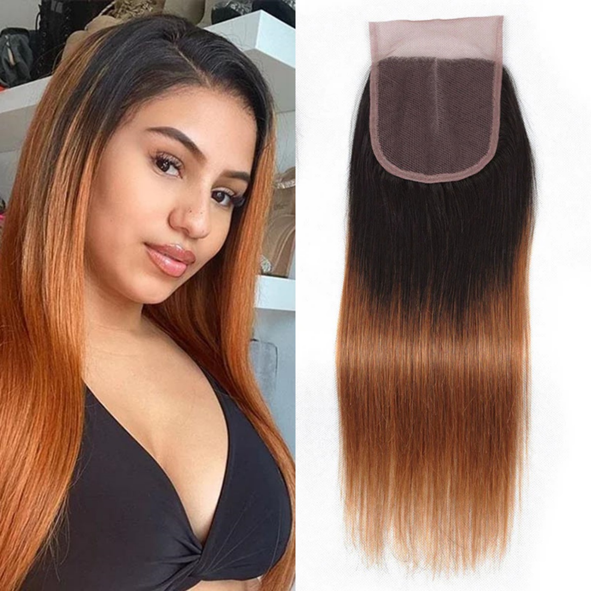 10″ – 20″ #1B/30 Color Straight Human Hair 4*4 Lace Closure