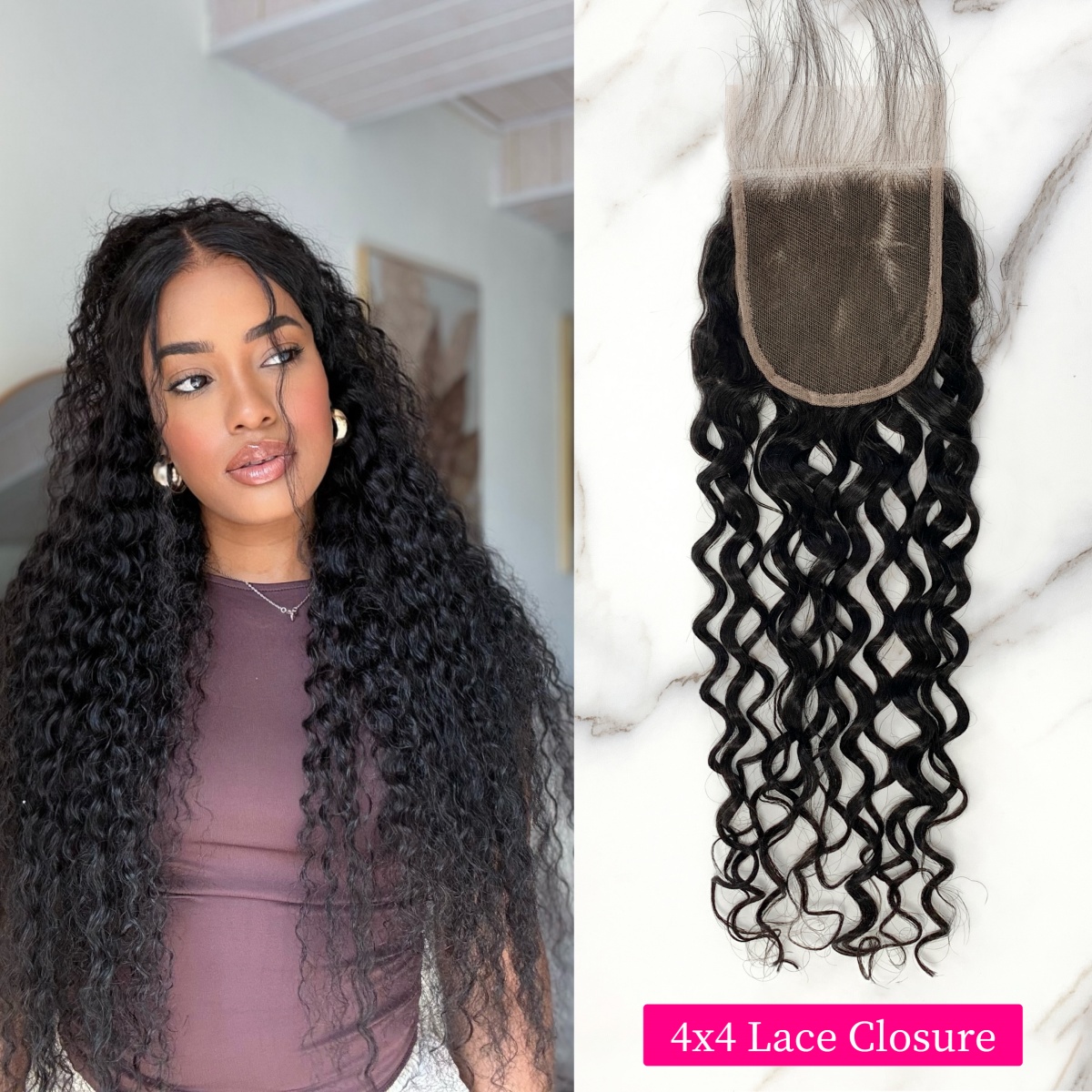 10″ – 20″ Natural Black Color Water Wave Human Hair 4*4 Lace Closure
