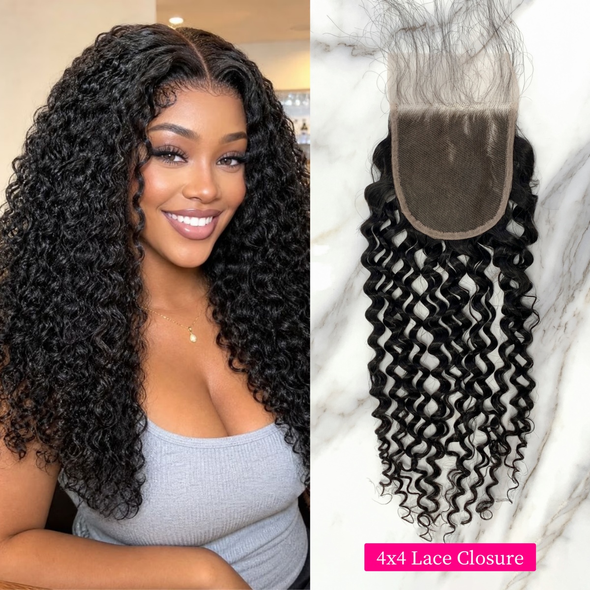 10″ – 20″ Natural Black Color Deep Curly Human Hair 4*4 Lace Closure