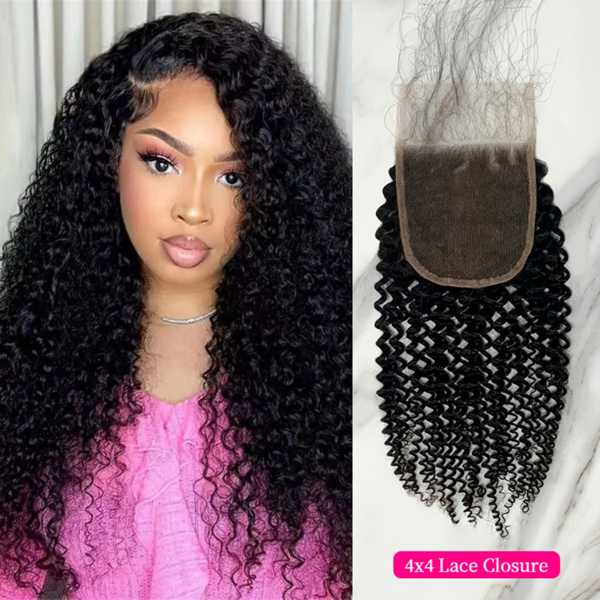 10″ – 20″ Natural Black Color Kinky Curly Human Hair 4*4 Lace Closure