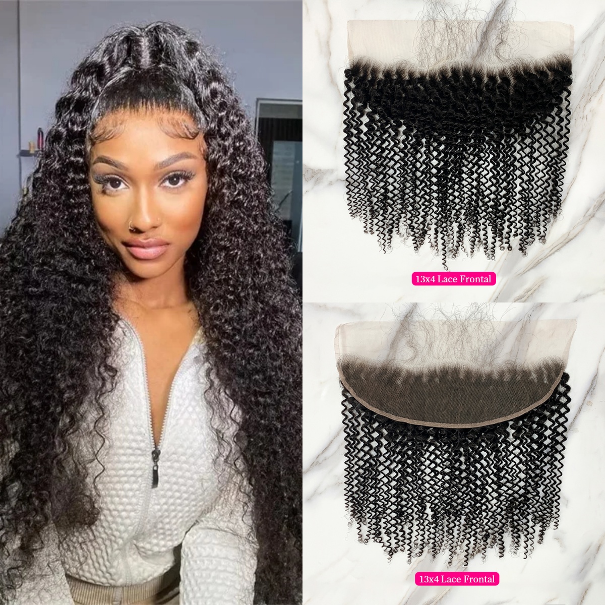 10″ – 20″ Natural Black Color Kinky Curly Human Hair 13*4 Lace Frontal with Pre Plucked Natural Hairline