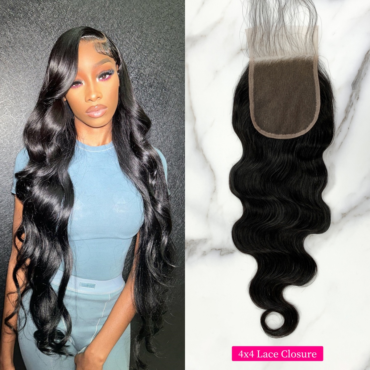 10″ – 20″ Natural Black Color Body Wave Human Hair 4*4 Lace Closure