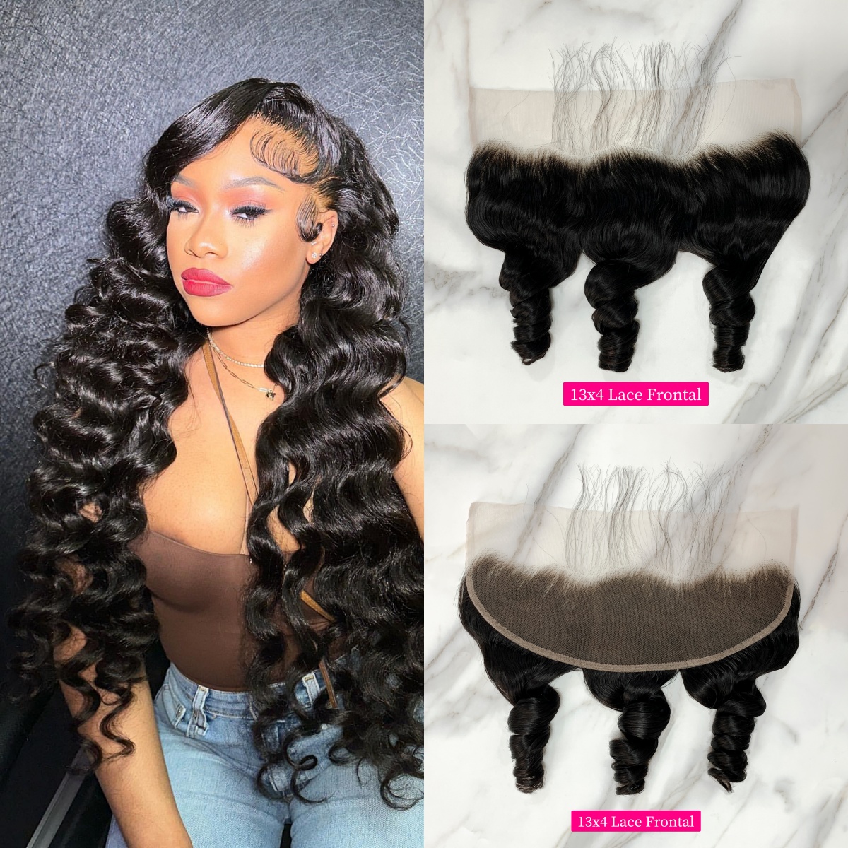 10″ – 20″ Natural Black Color Loose Wave Human Hair 13*4 Lace Frontal with Pre Plucked Natural Hairline