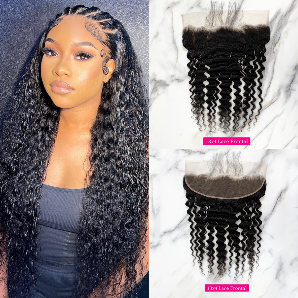10″ – 20″ Natural Black Color Deep Wave Human Hair 13*4 Lace Frontal with Pre Plucked Natural Hairline
