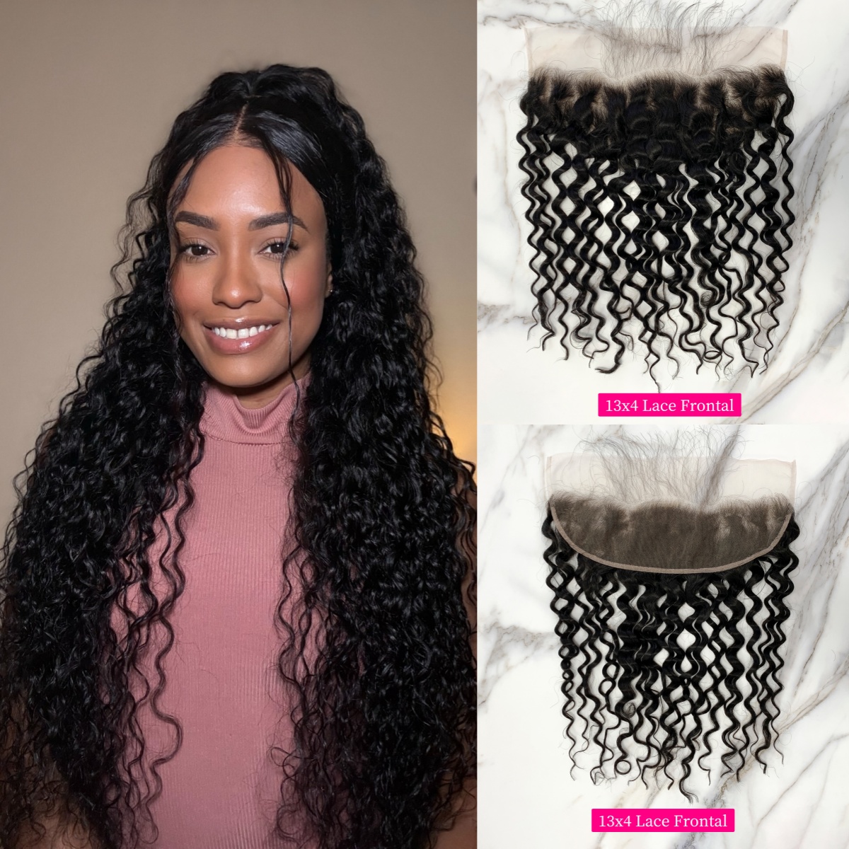 10″ – 20″ Natural Black Color Water Wave Human Hair 13*4 Lace Frontal with Pre Plucked Natural Hairline