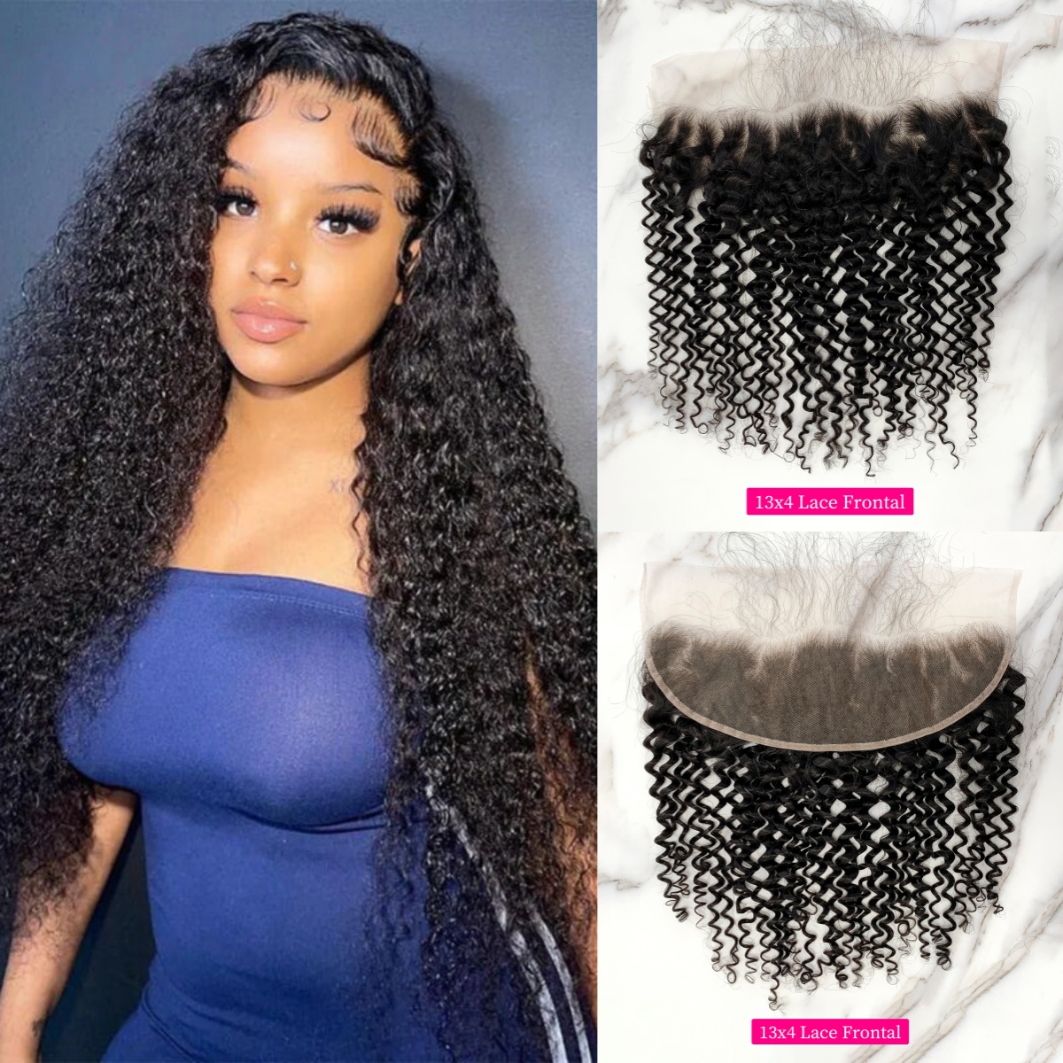10″ – 20″ Natural Black Color Deep Curly Human Hair 13*4 Lace Frontal with Pre Plucked Natural Hairline