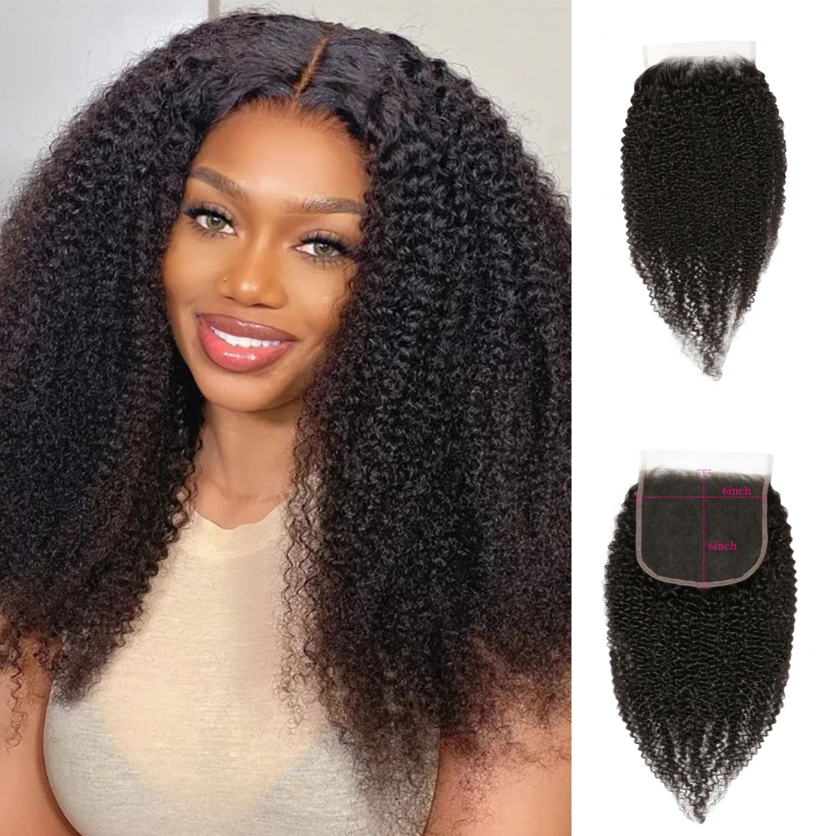 10″ – 20″ Natural Black Color Afro Kinky Curly Human Hair 6*6 Lace Closure
