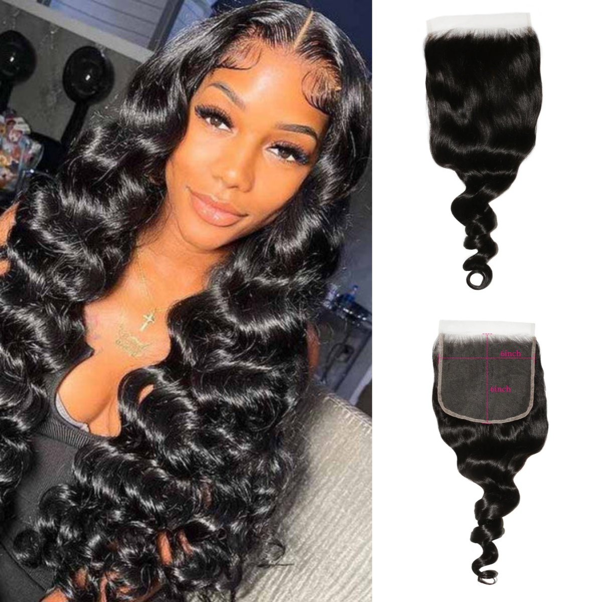 10″ – 20″ Natural Black Color Afro Kinky Curly Human Hair 6*6 Lace Closure