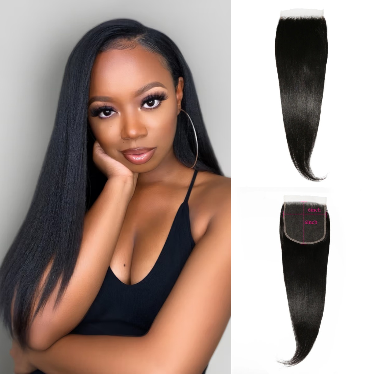 10″ – 20″ Natural Black Color Yaki Straight Human Hair 6*6 Lace Closure