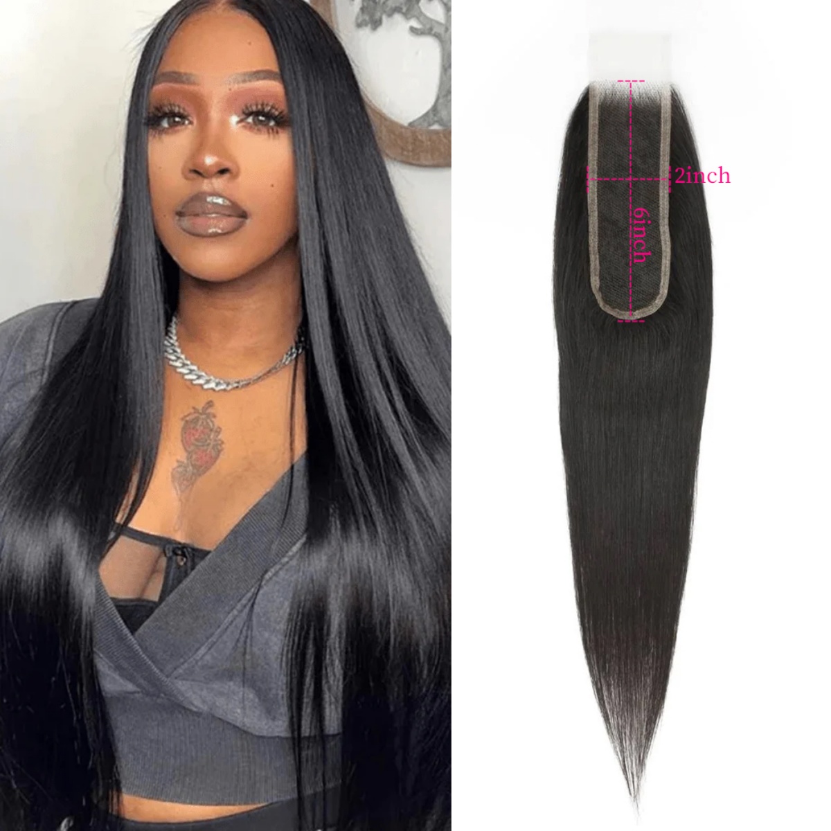 10″ – 20″ Natural Black Color Straight Human Hair 2*6 Lace Closure