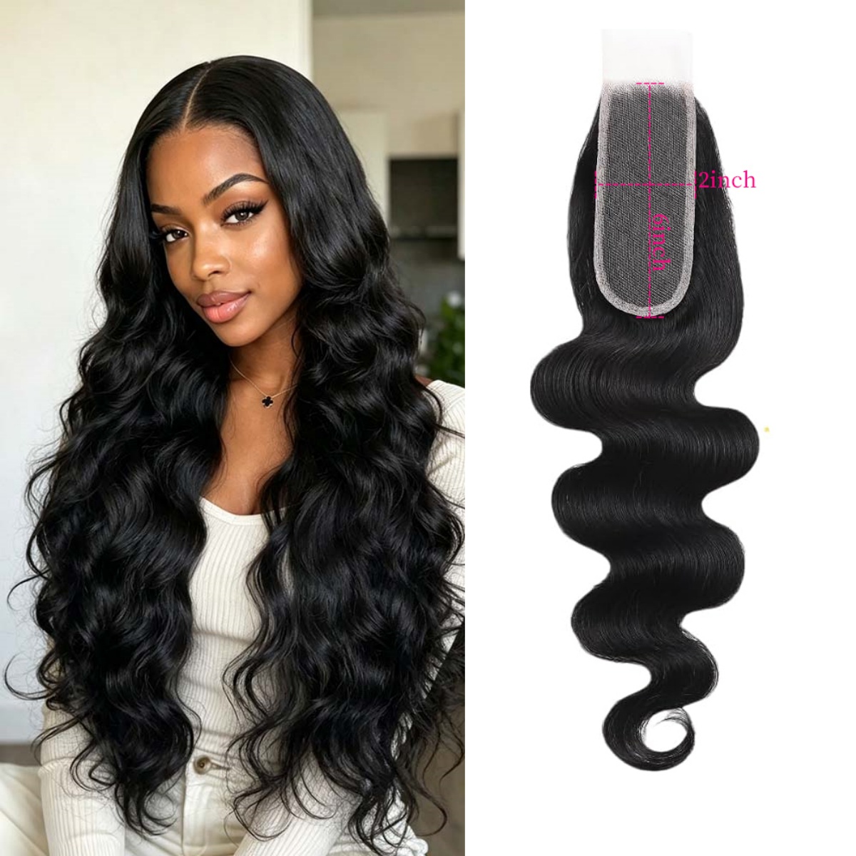 10″ – 20″ Natural Black Color Body Wave Human Hair 2*6 Lace Closure