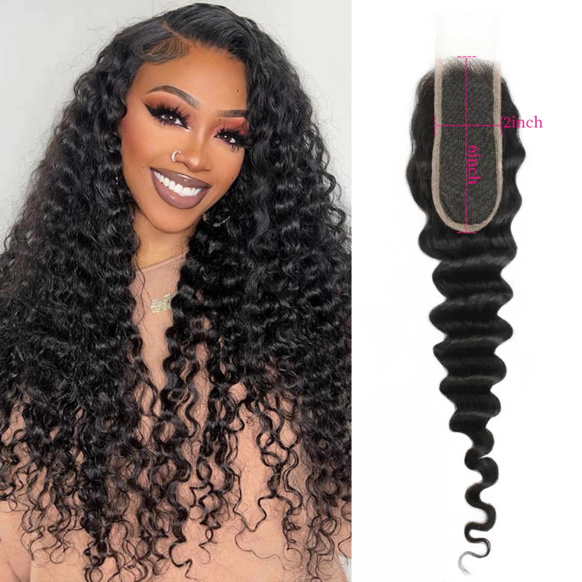 10″ – 20″ Natural Black Color Deep Wave Human Hair 2*6 Lace Closure