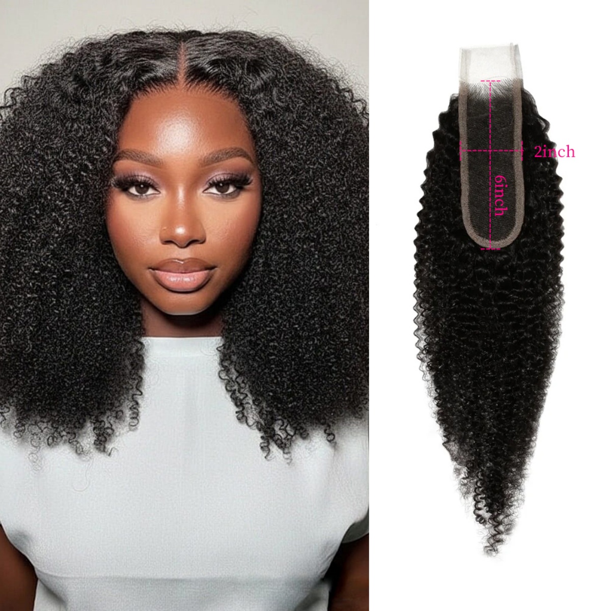 10″ – 20″ Natural Black Color Afro Kinky Curly Human Hair 2*6 Lace Closure