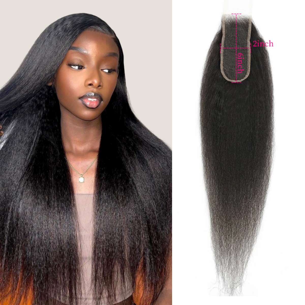 10″ – 20″ Natural Black Color Kinky Straight Human Hair 2*6 Lace Closure