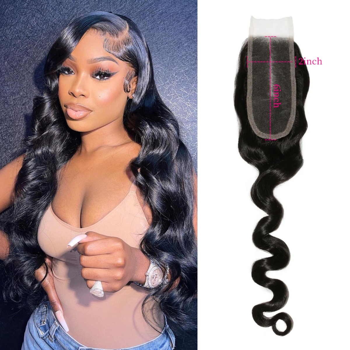 10″ – 20″ Natural Black Color Loose Wave Human Hair 2*6 Lace Closure
