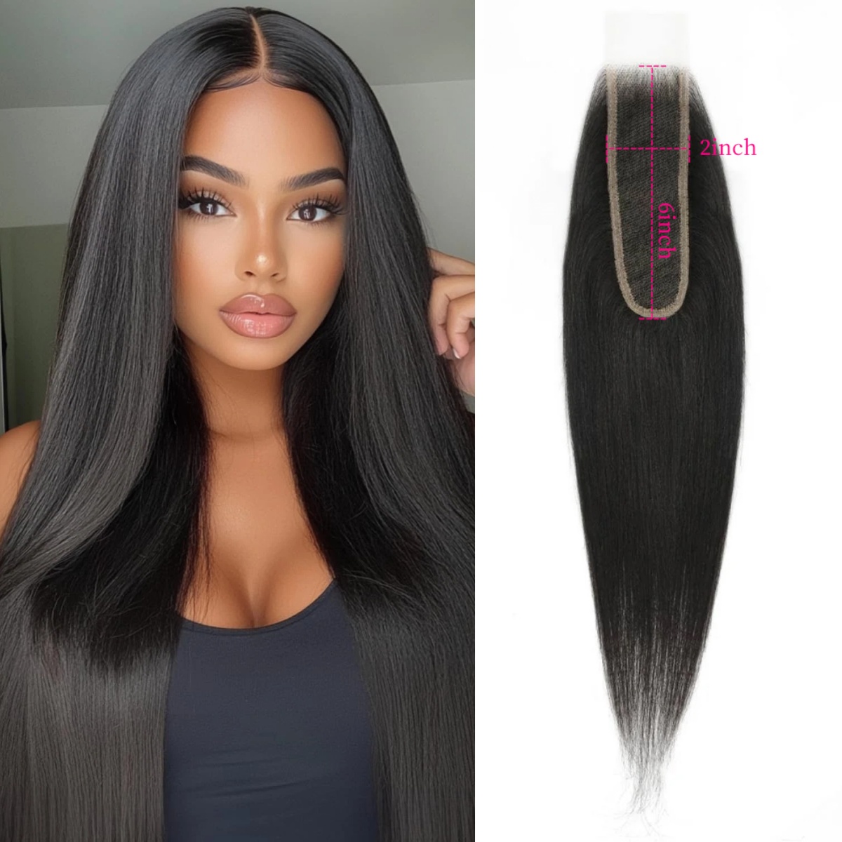 10″ – 20″ Natural Black Color Yaki Straight Human Hair 2*6 Lace Closure