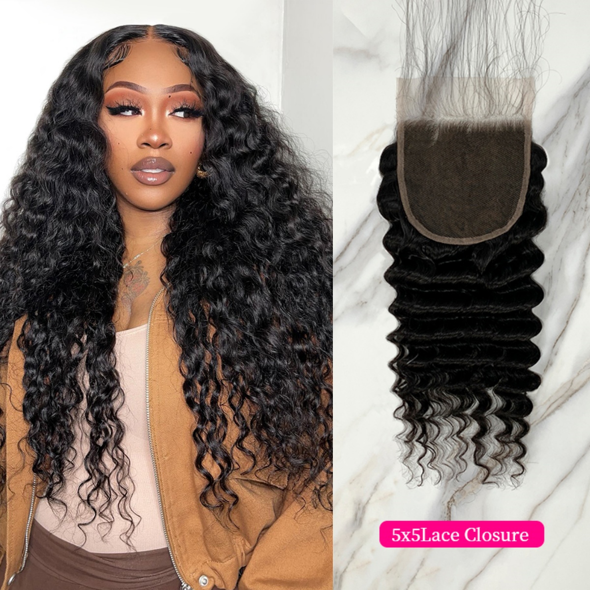 10″ – 20″ Natural Black Color Deep Wave Human Hair 5*5 Lace Closure