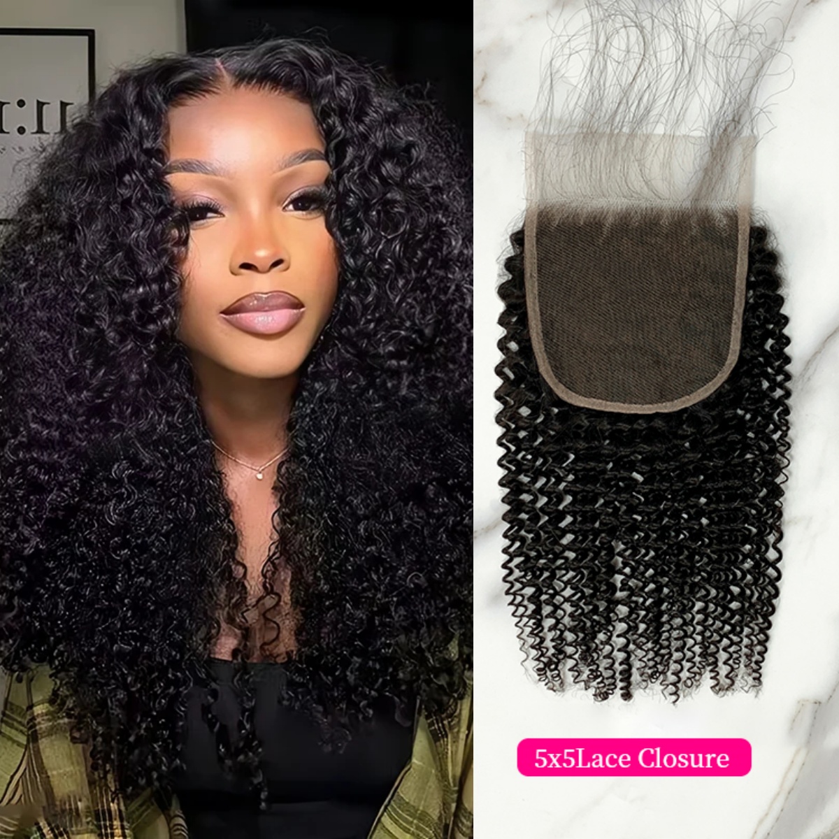 10″ – 20″ Natural Black Color Kinky Curly Human Hair 5*5 Lace Closure