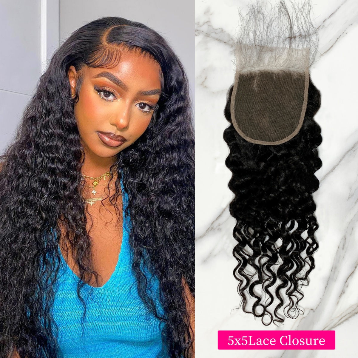 10″ – 20″ Natural Black Color Water Wave Human Hair 5*5 Lace Closure