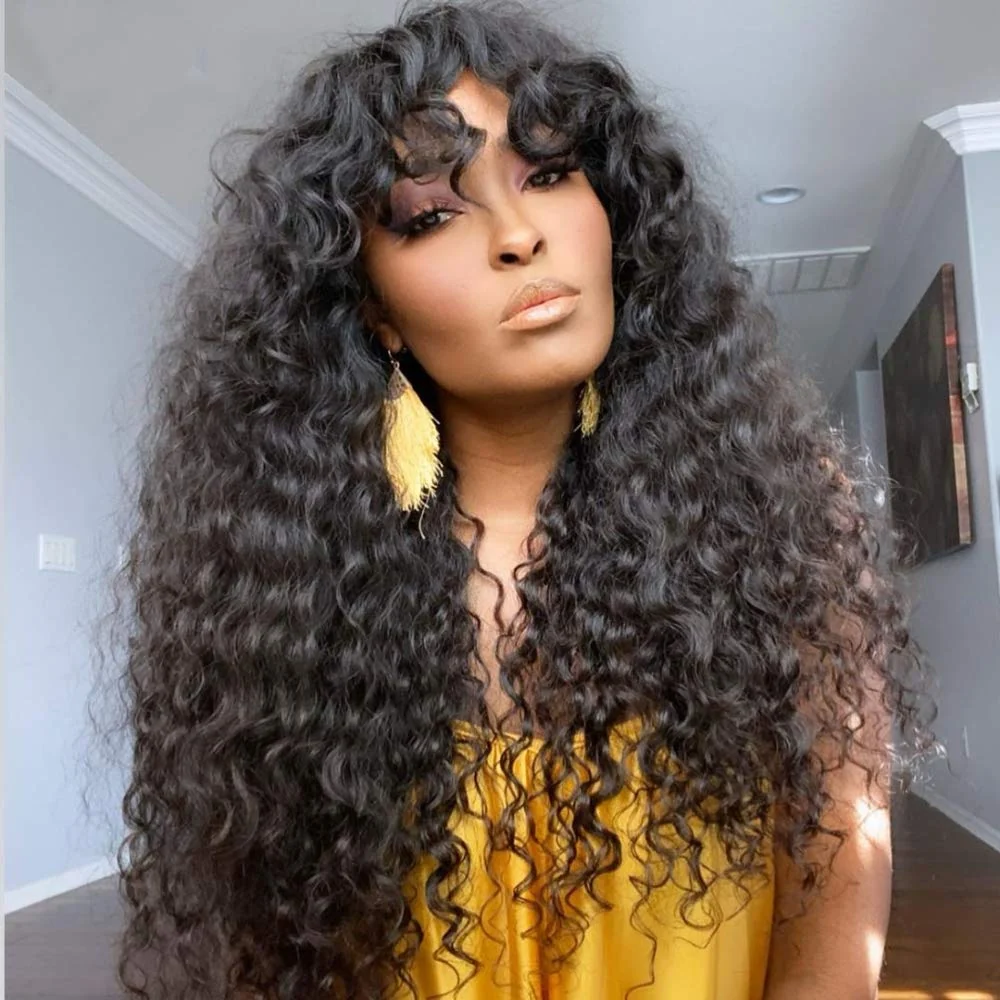 10″ – 40″ Natural Black Color Water Wave Human Hair Machine Made Wig