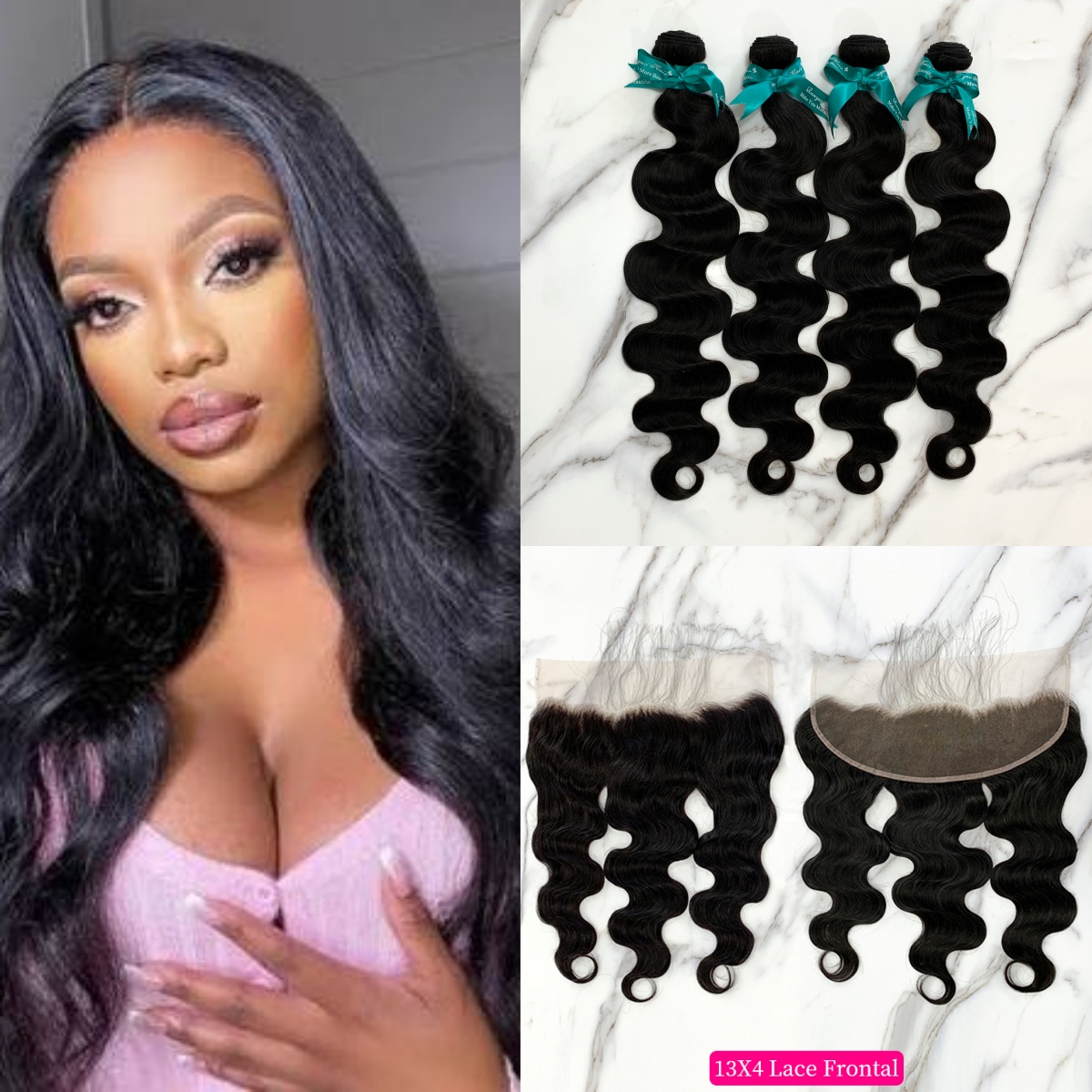 Natural Black Color Body Wave 4 Bundles with 13*4 Lace Frontal
