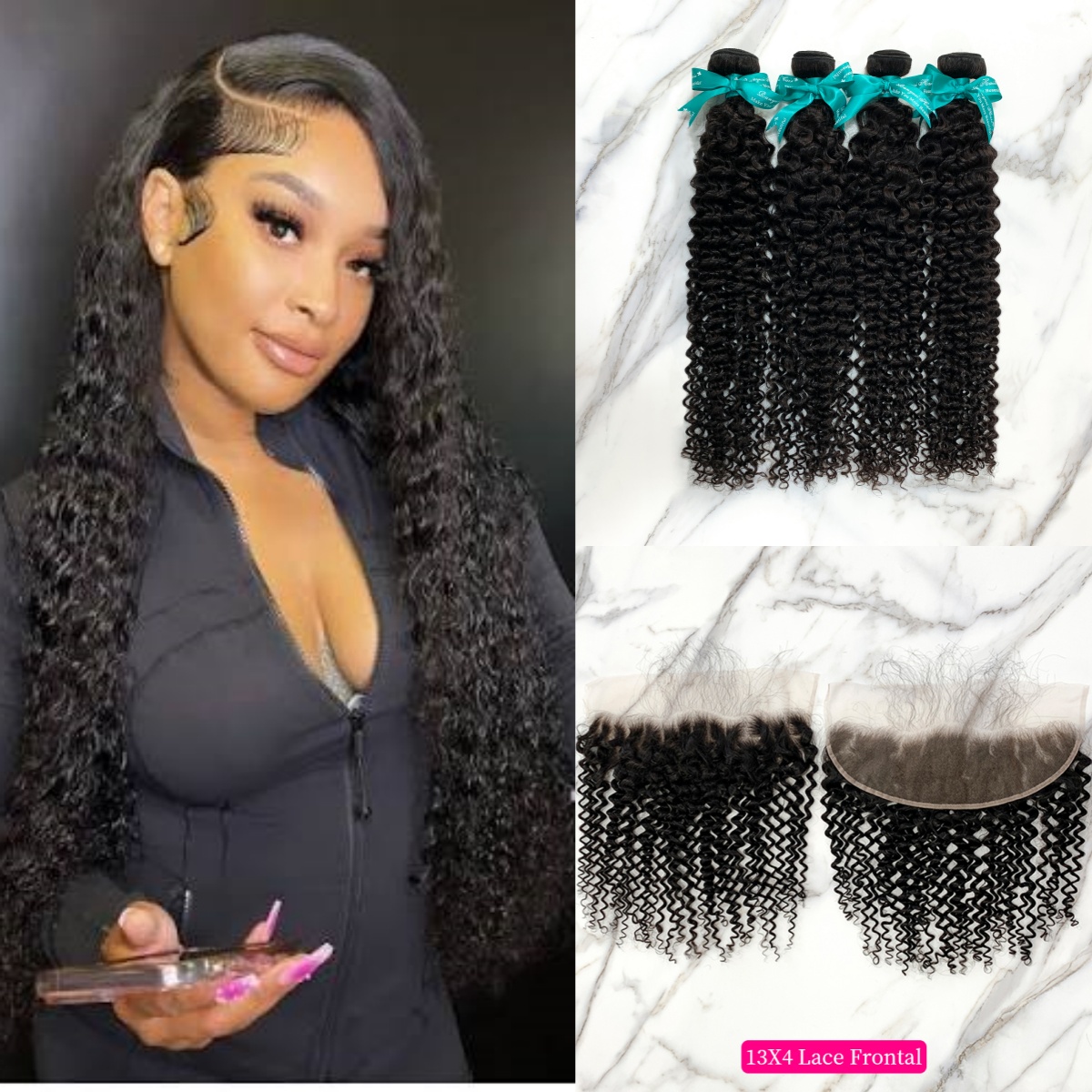 Natural Black Color Deep Curly 4 Bundles with 13*4 Lace Frontal