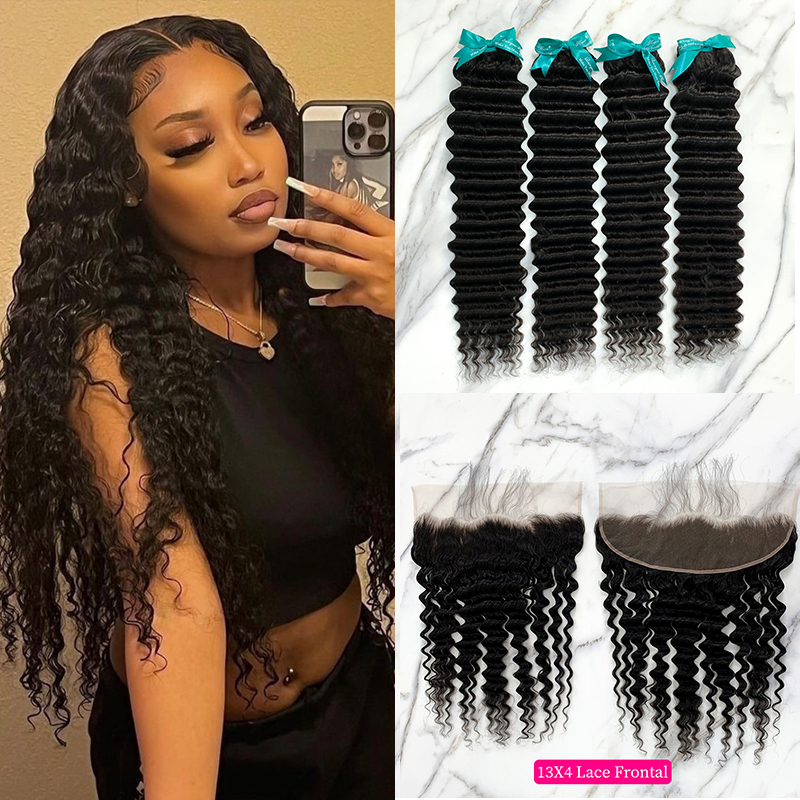 Natural Black Color Deep Wave 4 Bundles with 13*4 Lace Frontal