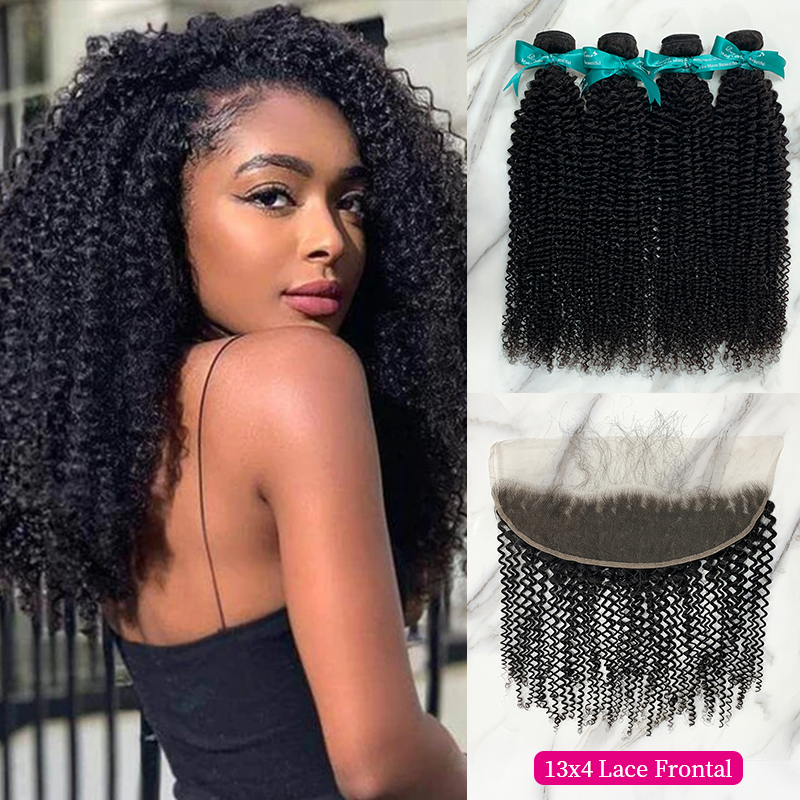 Natural Black Color Kinky Curly 4 Bundles with 13*4 Lace Frontal