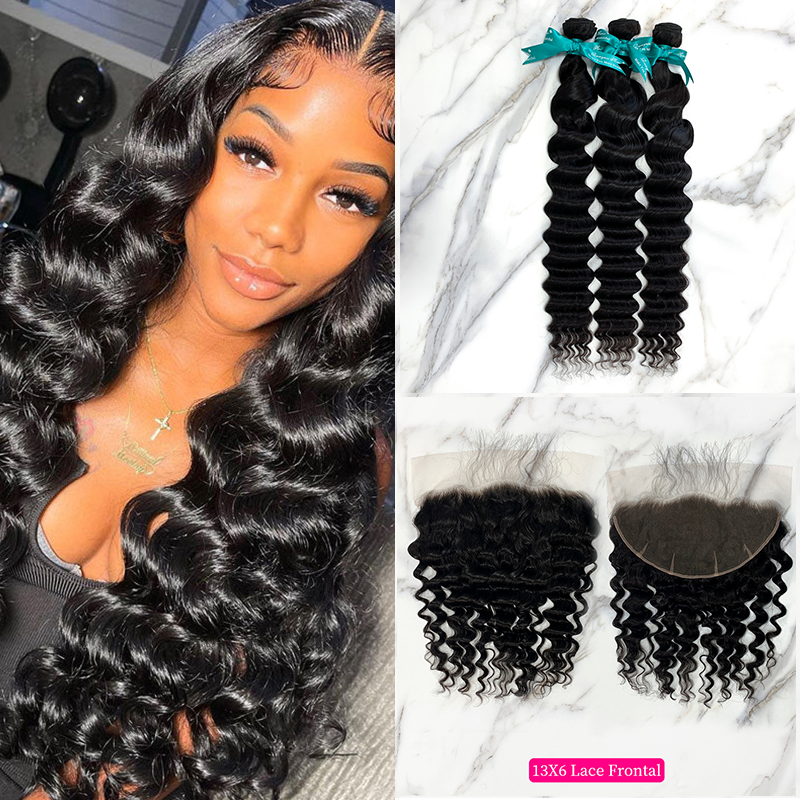 Natural Black Color Pineapple Wave 3 Bundles with 13*6 Lace Frontal