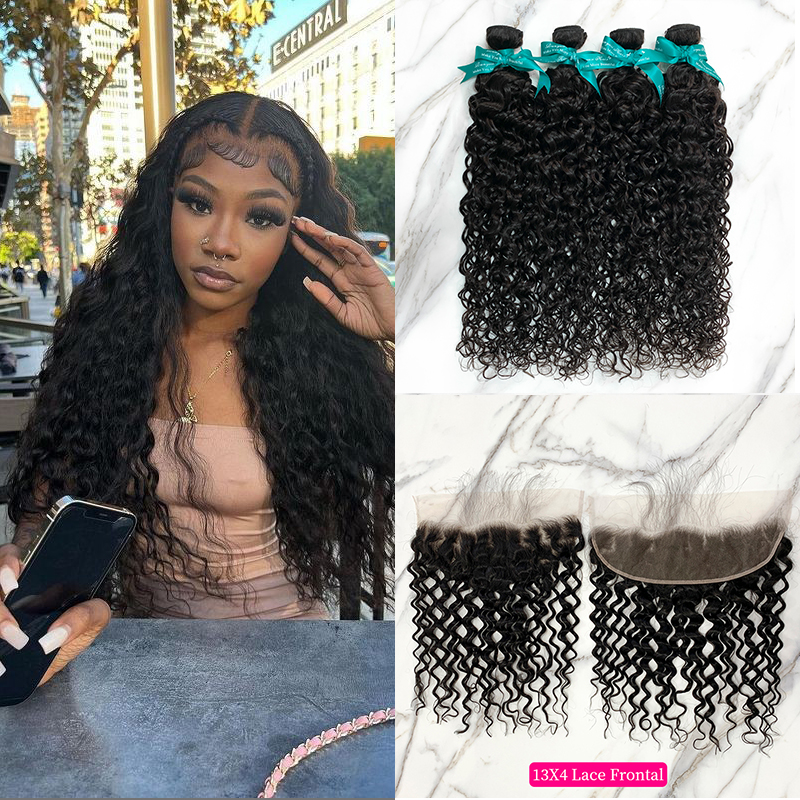 Natural Black Color Water Wave 4 Bundles with 13*4 Lace Frontal