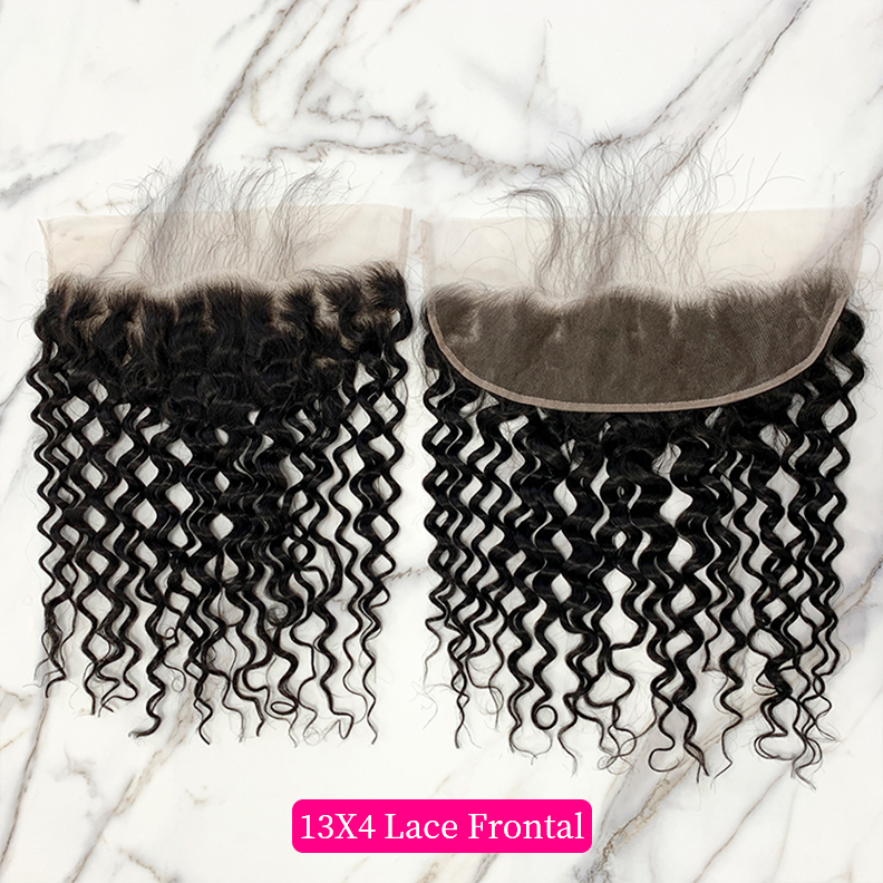 Natural Black Color Water Wave 3 Bundles with 13*4 Lace Frontal