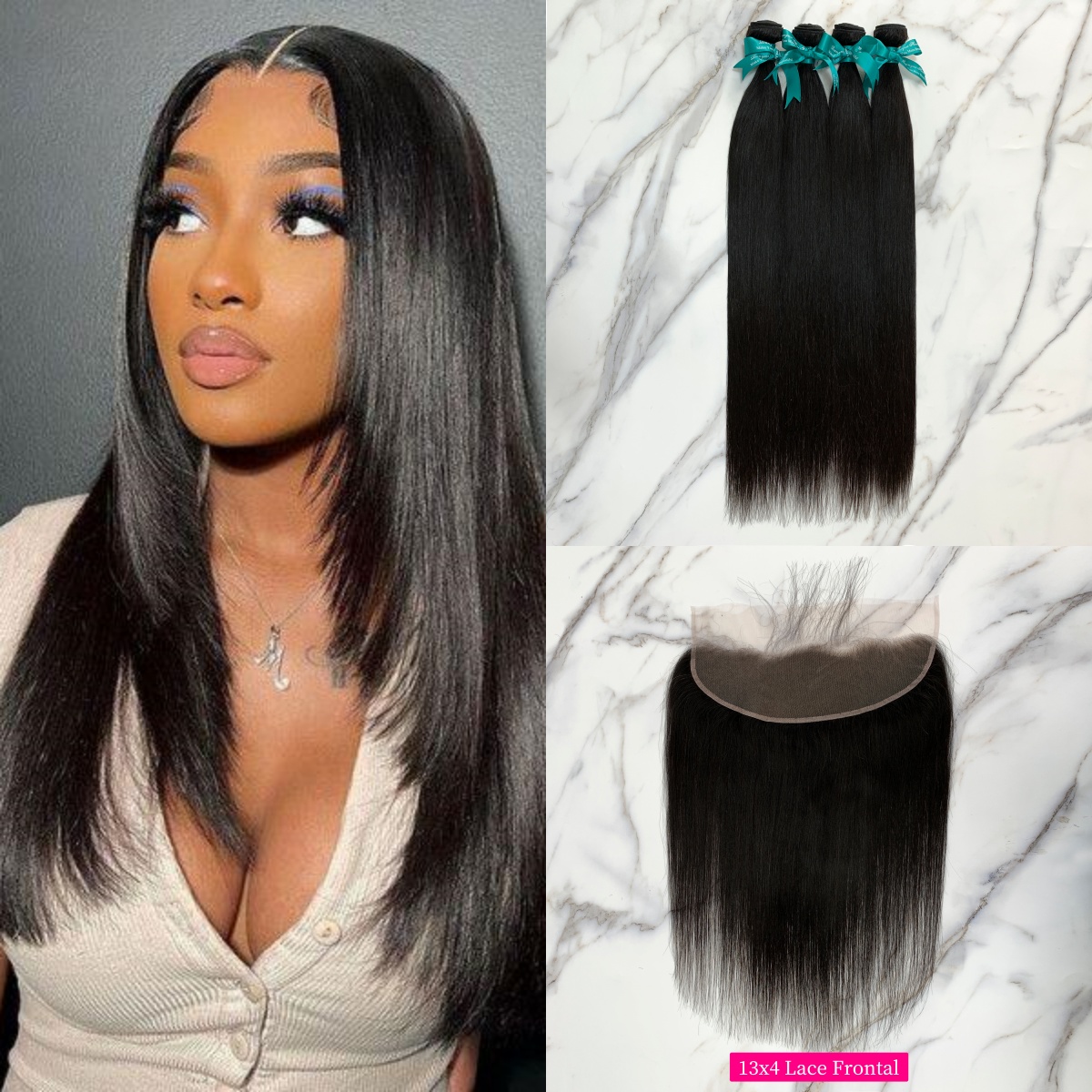 Natural Black Color Straight 4 Bundles with 13*4 Lace Frontal