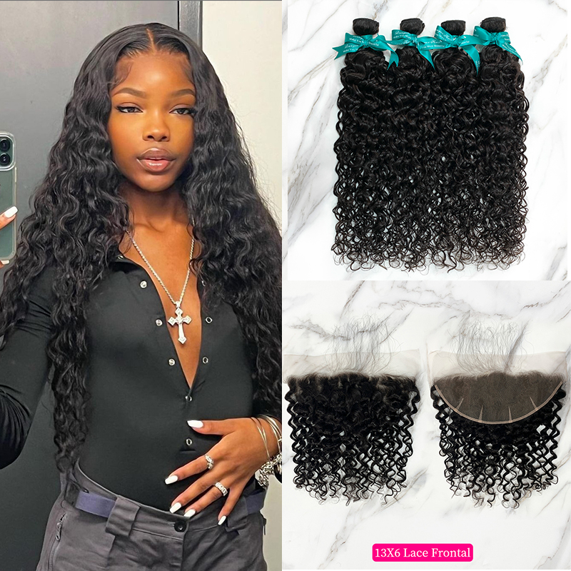 Natural Black Color Water Wave 4 Bundles with 13*6 Lace Frontal