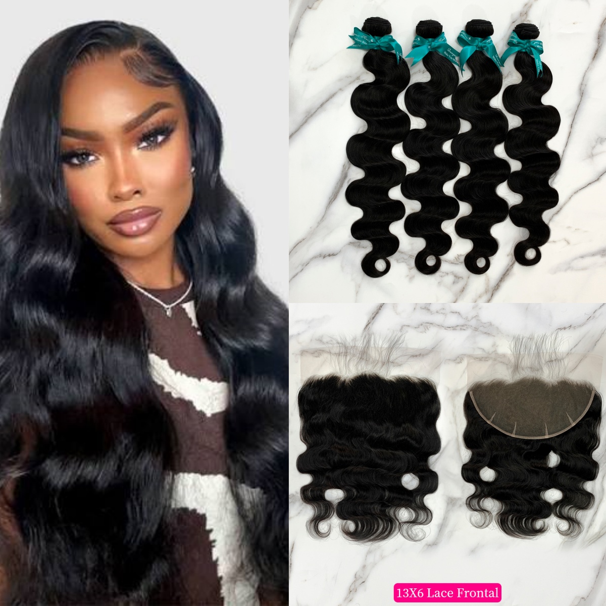 Natural Black Color Body Wave 4 Bundles with 13*6 Lace Frontal