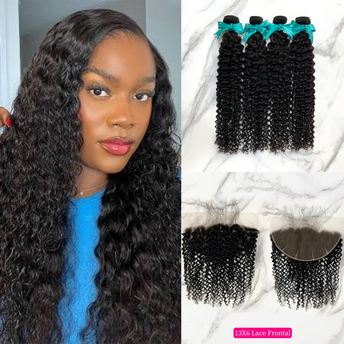 Natural Black Color Deep Curly 4 Bundles with 13*6 Lace Frontal