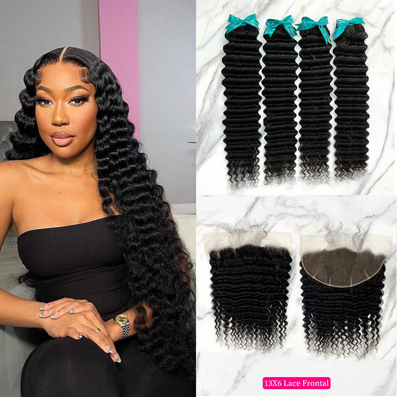 Natural Black Color Deep Wave 4 Bundles with 13*6 Lace Frontal
