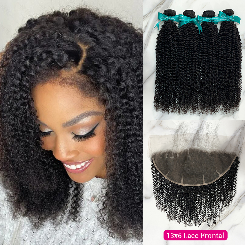 Natural Black Color Kinky Curly 4 Bundles with 13*6 Lace Frontal