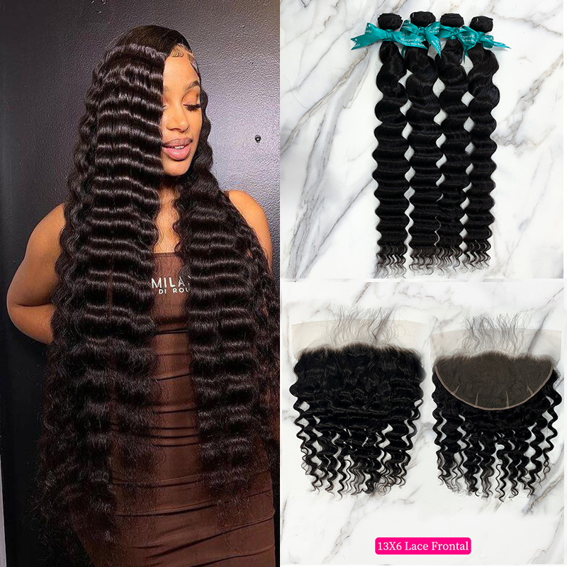 Natural Black Color Pineapple Wave 4 Bundles with 13*6 Lace Frontal