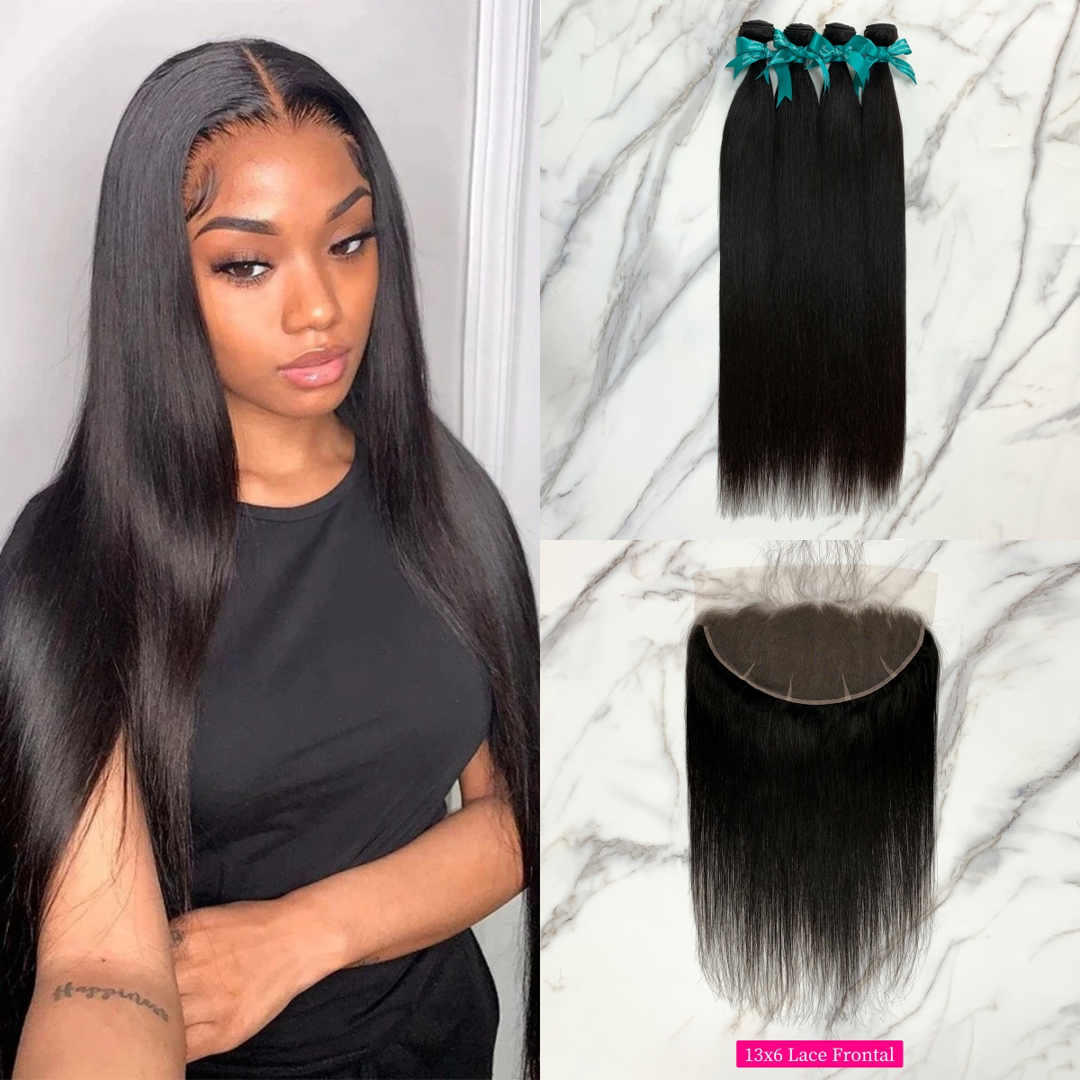 Natural Black Color Straight 4 Bundles with 13*6 Lace Frontal
