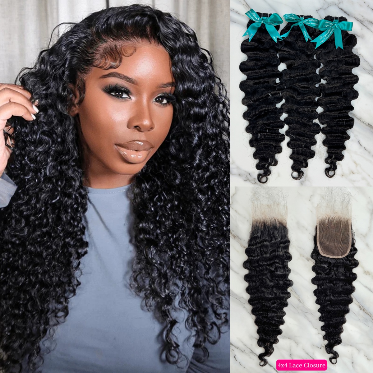 Natural Black Color Burmese Curly 3 Bundles with 4*4 Lace Closure