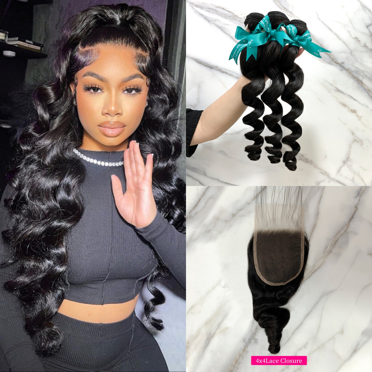 Natural Black Color Loose Wave 3 Bundles with 4*4 Lace Closure