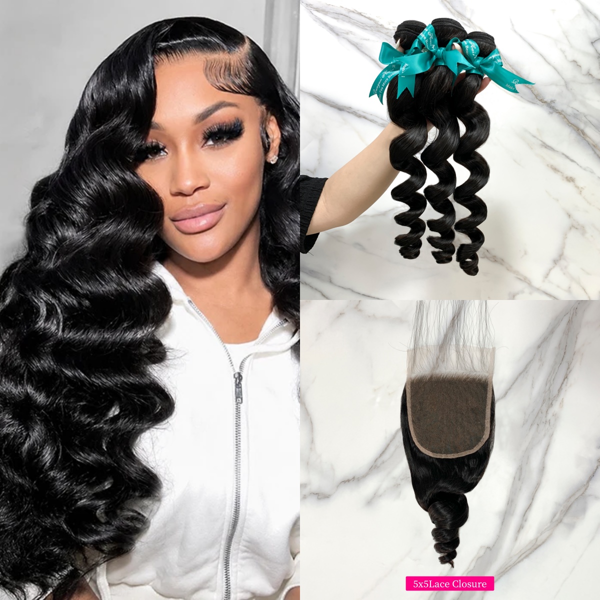 Natural Black Color Loose Wave 3 Bundles with 5*5 Lace Closure