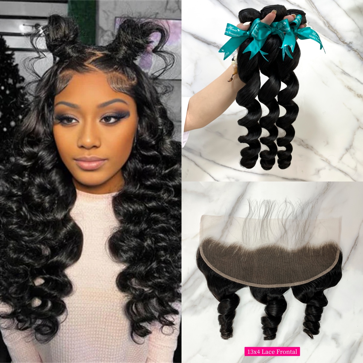 Natural Black Color Loose Wave 3 Bundles with 13*4 Lace Frontal
